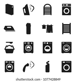 Flat vector icon set - steaming vector, drying clothes, washer, washing powder, cleaning agent, washboard, iron