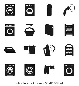 Flat Vector Icon Set - Steaming Vector, Drying Clothes, Washer, Washing Powder, Cleaning Agent, Washboard, Iron