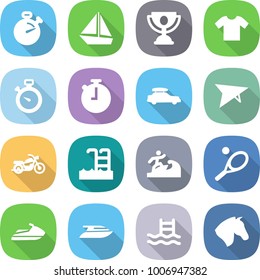 flat vector icon set - stopwatch vector, boat, trophy, t shirt, car baggage, deltaplane, motorcycle, pool, surfer, tennis, jet ski, yacht, horse