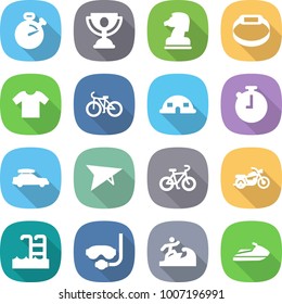 flat vector icon set - stopwatch vector, trophy, chess horse, smart bracelet, t shirt, bike, dome house, car baggage, deltaplane, motorcycle, pool, diving mask, surfer, jet ski