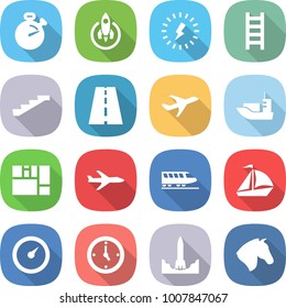 flat vector icon set - stopwatch vector, rocket, lightning, ladder, stairs, road, plane, sea shipping, consolidated cargo, train, sail boat, barometer, watch, start, horse