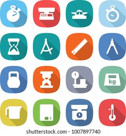 flat vector icon set - stopwatch vector, market scales, sand clock, draw compass, ruler, drawing compasses, heavy, warehouse, measuring cup, kitchen, thermometer