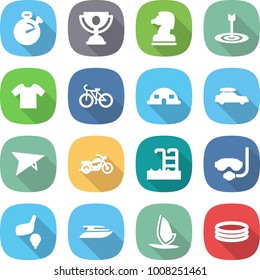flat vector icon set - stopwatch vector, trophy, chess horse, target, t shirt, bike, dome house, car baggage, deltaplane, motorcycle, pool, diving mask, golf, yacht, windsurfing, inflatable