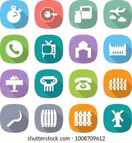 flat vector icon set - stopwatch vector, cell corection, scales weight, journey, phone, tv, minaret, gothic architecture, restaurant, antique column, fence, sickle, barrel, windmill