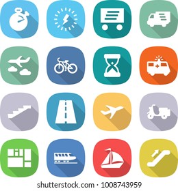 flat vector icon set - stopwatch vector, lightning, delivery, journey, bike, sand clock, ambulance car, stairs, road, plane, scooter shipping, consolidated cargo, train, sail boat, escalator