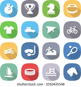flat vector icon set - stopwatch vector, trophy, chess horse, smart bracelet, t shirt, car baggage, deltaplane, bike, motorcycle, diving mask, surfer, tennis, windsurfing, inflatable pool