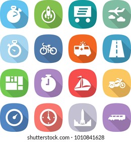 flat vector icon set - stopwatch vector, rocket, delivery, journey, bike, ambulance car, road, consolidated cargo, sail boat, motorcycle, barometer, watch, start, speed train