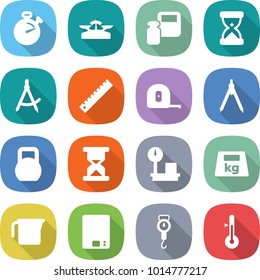 flat vector icon set - stopwatch vector, scales, weight, sand clock, draw compass, ruler, measuring tape, drawing compasses, heavy, warehouse, cup, kitchen, handle, thermometer