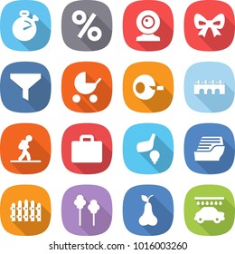 flat vector icon set - stopwatch vector, percent, web cam, bow, funnel, baby stroller, artificial insemination, bridge, tourist, suitcase, golf, cruise ship, fence, trees, pear, car wash