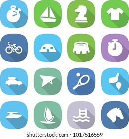 flat vector icon set - stopwatch vector, boat, chess horse, t shirt, bike, dome house, stadium, car baggage, deltaplane, tennis, golf, yacht, windsurfing, pool
