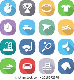flat vector icon set - stopwatch vector, trophy, smart bracelet, t shirt, car baggage, deltaplane, motorcycle, pool, diving mask, tennis, golf, jet ski, inflatable, horse