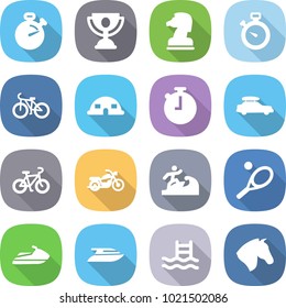 flat vector icon set - stopwatch vector, trophy, chess horse, bike, dome house, car baggage, motorcycle, surfer, tennis, jet ski, yacht, pool