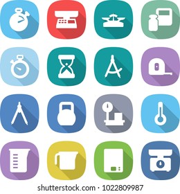 flat vector icon set - stopwatch vector, market scales, weight, sand clock, draw compass, measuring tape, drawing compasses, heavy, warehouse, thermometer, cup, kitchen