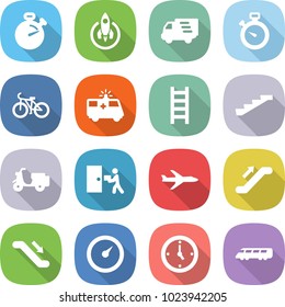 flat vector icon set - stopwatch vector, rocket, delivery, bike, ambulance car, ladder, stairs, scooter shipping, courier, plane, escalator, barometer, watch, speed train