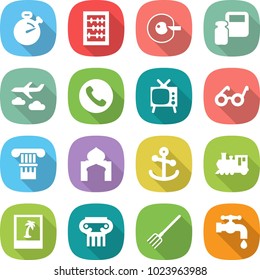 flat vector icon set - stopwatch vector, abacus, cell corection, scales weight, journey, phone, tv, pacemaker, column, minaret, anchor, train, photo, antique, fork, water tap