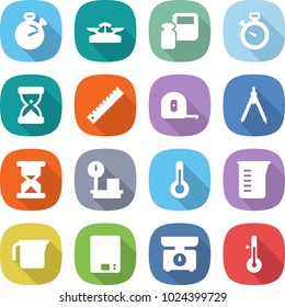 flat vector icon set - stopwatch vector, scales, weight, sand clock, ruler, measuring tape, drawing compasses, warehouse, thermometer, cup, kitchen