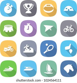 flat vector icon set - stopwatch vector, trophy, smart bracelet, dome house, stadium, deltaplane, bike, motorcycle, surfer, tennis, golf, jet ski, yacht, windsurfing, horse