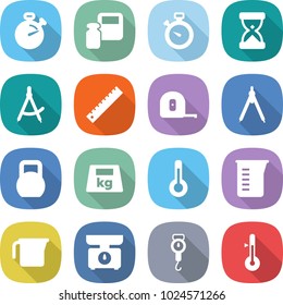 flat vector icon set - stopwatch vector, scales weight, sand clock, draw compass, ruler, measuring tape, drawing compasses, heavy, thermometer, cup, kitchen, handle