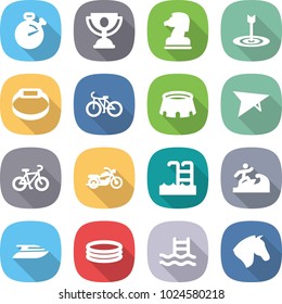 flat vector icon set - stopwatch vector, trophy, chess horse, target, smart bracelet, bike, stadium, deltaplane, motorcycle, pool, surfer, yacht, inflatable