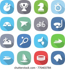 flat vector icon set - stopwatch vector, trophy, chess horse, dome house, deltaplane, bike, diving mask, surfer, tennis, golf, jet ski, yacht, windsurfing, inflatable pool