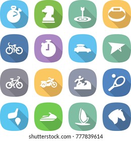 flat vector icon set - stopwatch vector, chess horse, target, smart bracelet, bike, car baggage, deltaplane, motorcycle, surfer, tennis, golf, jet ski, windsurfing
