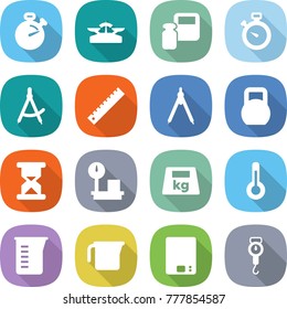 flat vector icon set - stopwatch vector, scales, weight, draw compass, ruler, drawing compasses, heavy, sand clock, warehouse, thermometer, measuring cup, kitchen, handle