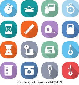 flat vector icon set - stopwatch vector, scales, weight, sand clock, ruler, measuring tape, heavy, warehouse, thermometer, cup, kitchen, handle