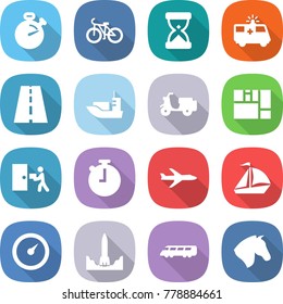 flat vector icon set - stopwatch vector, bike, sand clock, ambulance car, road, sea shipping, scooter, consolidated cargo, courier delivery, plane, sail boat, barometer, rocket start, speed train