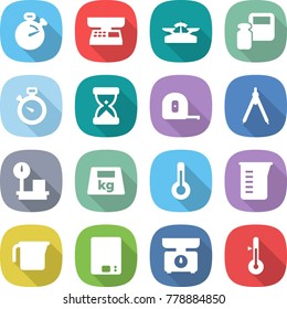 flat vector icon set - stopwatch vector, market scales, weight, sand clock, measuring tape, drawing compasses, warehouse, heavy, thermometer, cup, kitchen