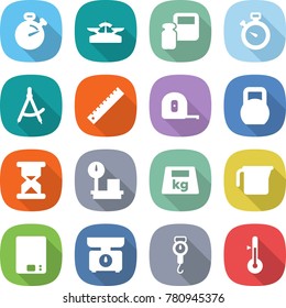 flat vector icon set - stopwatch vector, scales, weight, draw compass, ruler, measuring tape, heavy, sand clock, warehouse, cup, kitchen, handle, thermometer