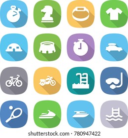 flat vector icon set - stopwatch vector, chess horse, smart bracelet, t shirt, dome house, stadium, car baggage, bike, motorcycle, pool, diving mask, tennis, jet ski, yacht