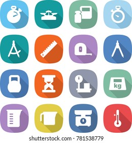 flat vector icon set - stopwatch vector, scales, weight, draw compass, ruler, measuring tape, drawing compasses, heavy, sand clock, warehouse, cup, kitchen, thermometer