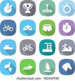 flat vector icon set - stopwatch vector, trophy, target, bike, dome house, stadium, car baggage, pool, surfer, golf, jet ski, windsurfing, horse