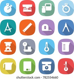 flat vector icon set - stopwatch vector, market scales, weight, draw compass, ruler, measuring tape, drawing compasses, sand clock, warehouse, thermometer, cup, kitchen