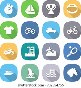 flat vector icon set - stopwatch vector, boat, trophy, smart bracelet, t shirt, bike, car baggage, motorcycle, pool, surfer, tennis, yacht, windsurfing, horse