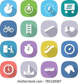 flat vector icon set - stopwatch vector, rocket, lightning, delivery, bike, ladder, stairs, scooter shipping, courier, escalator, barometer, watch, start, speed train, horse