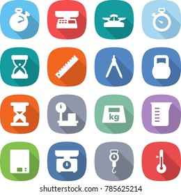 flat vector icon set - stopwatch vector, market scales, sand clock, ruler, drawing compasses, heavy, warehouse, measuring cup, kitchen, handle, thermometer