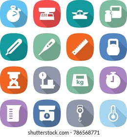 flat vector icon set - stopwatch vector, market scales, weight, medical thermometer, ruler, heavy, sand clock, warehouse, measuring cup, kitchen, handle