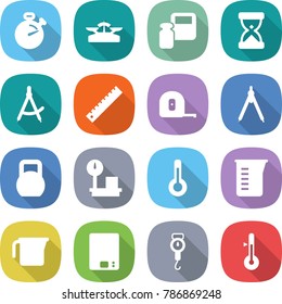 flat vector icon set - stopwatch vector, scales, weight, sand clock, draw compass, ruler, measuring tape, drawing compasses, heavy, warehouse, thermometer, cup, kitchen, handle
