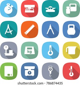 flat vector icon set - stopwatch vector, market scales, weight, draw compass, ruler, drawing compasses, heavy, warehouse, thermometer, measuring cup, kitchen, handle