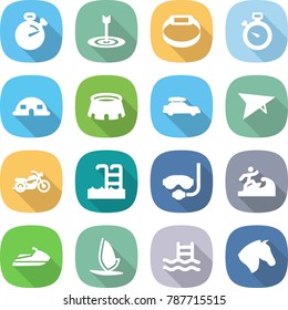 flat vector icon set - stopwatch vector, target, smart bracelet, dome house, stadium, car baggage, deltaplane, motorcycle, pool, diving mask, surfer, jet ski, windsurfing, horse