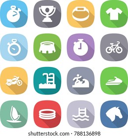 flat vector icon set - stopwatch vector, trophy, smart bracelet, t shirt, stadium, bike, motorcycle, pool, surfer, jet ski, windsurfing, inflatable, horse