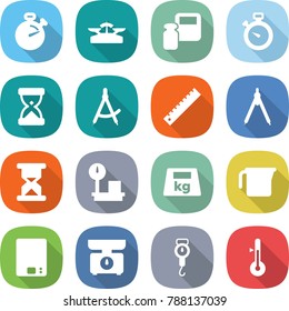 flat vector icon set - stopwatch vector, scales, weight, sand clock, draw compass, ruler, drawing compasses, warehouse, heavy, measuring cup, kitchen, handle, thermometer