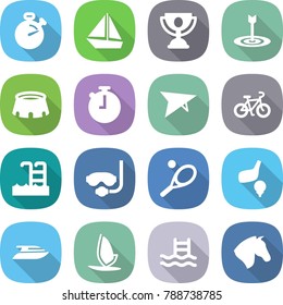 flat vector icon set - stopwatch vector, boat, trophy, target, stadium, deltaplane, bike, pool, diving mask, tennis, golf, yacht, windsurfing, horse