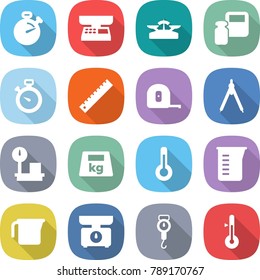 flat vector icon set - stopwatch vector, market scales, weight, ruler, measuring tape, drawing compasses, warehouse, heavy, thermometer, cup, kitchen, handle
