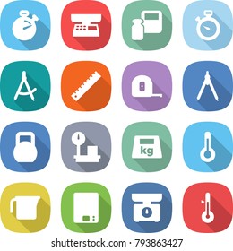 flat vector icon set - stopwatch vector, market scales, weight, draw compass, ruler, measuring tape, drawing compasses, heavy, warehouse, thermometer, cup, kitchen
