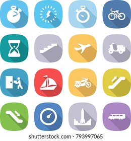 flat vector icon set - stopwatch vector, lightning, bike, sand clock, stairs, plane, scooter shipping, courier delivery, sail boat, motorcycle, escalator, barometer, rocket start, speed train