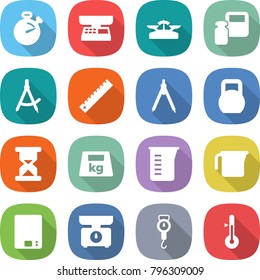 flat vector icon set - stopwatch vector, market scales, weight, draw compass, ruler, drawing compasses, heavy, sand clock, measuring cup, kitchen, handle, thermometer