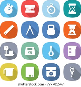flat vector icon set - stopwatch vector, market scales, sand clock, ruler, drawing compasses, heavy, warehouse, thermometer, measuring cup, kitchen, handle