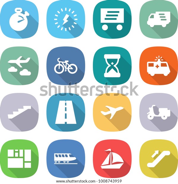 flat vector icon set - stopwatch vector,\
lightning, delivery, journey, bike, sand clock, ambulance car,\
stairs, road, plane, scooter shipping, consolidated cargo, train,\
sail boat, escalator